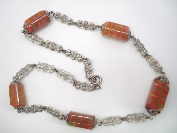 Art Deco Necklace Orange and Green Glass Beads an… - image 1