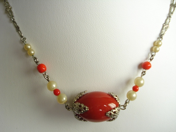 Art Deco Bengel? Necklace Chrome with Red and Fau… - image 2