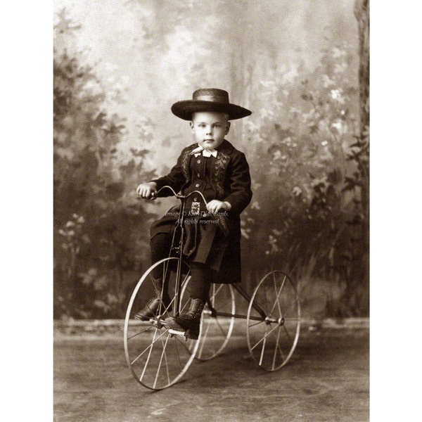 Boy on Bike Card - Old Fashioned Three Wheeled Bicycle Notecard