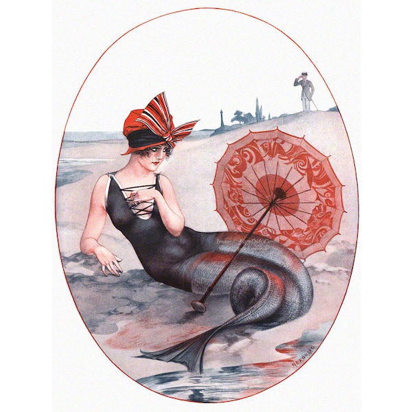 Mermaid Print - Sits on Beach with Parasol - Repro Herouard La Vie Parisienne