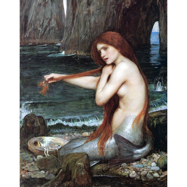 Mermaid Card - Sits on Shore Combs Hair - Repro JW Waterhouse Artwork