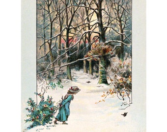Christmas Card - Girl with Holly and Berries in the Snow - Holiday Notecard