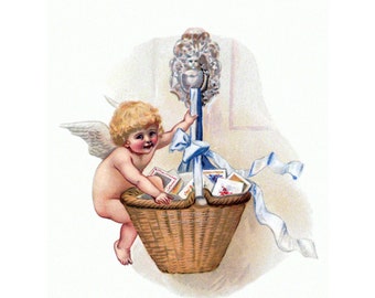 Cupid Brings Valentines - Victorian Valentine Card - Basket of Letters - Vintage Style