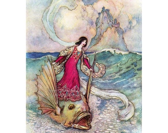 Ocean Fairy Card - Rita Riding on the Dolphin Notecard - Warwick Goble Artwork