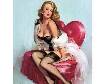 Elvgren Pinup Girl in Black Lace Bustiere Print