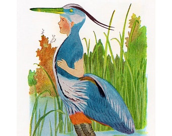 Bird Children Card - Great Blue Heron Boy - Repro Greeting Card Penny Ross