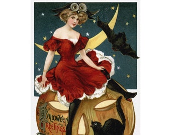 Halloween Witch Card - Sits on JOL Black Cat Owl Greeting Card- Repro Vintage Style
