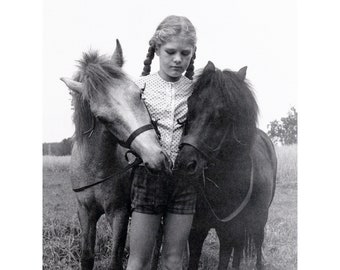 Girl with Ponies Card - Vintage Photo Notecard for Horse Lover