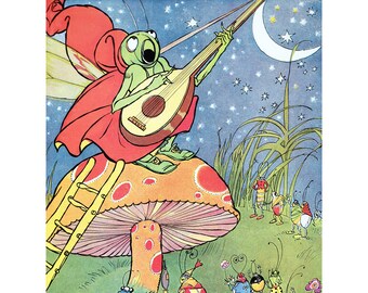 Fantasy Card - Grasshopper Sings Under a Crescent Moon - Vintage Style