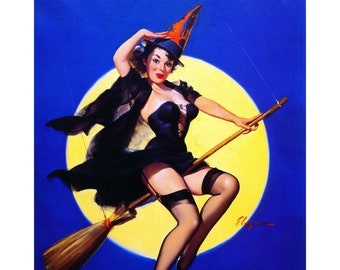 Halloween Witch Card - Pinup Girl Rides Broom Full Moon - Vintage Image Card