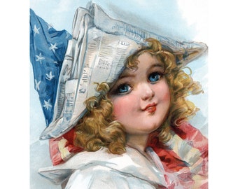 Fourth of July Greeting Card - Girl with Patriotic Flag - Repro Frances Brundage