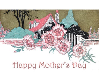 Mother's Day Card - Pink Carnations and Cozy Cottage - Notecard for Mom