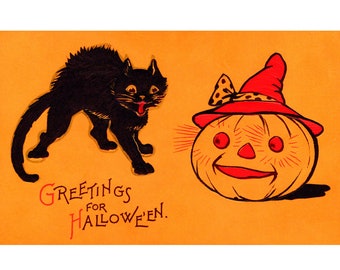 Halloween Cat Card - Black Cat Hisses at Jack O Lantern - Repro Greeting Card - Vintage Style Notecard