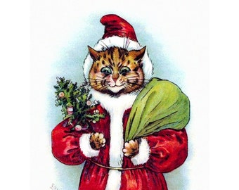 Christmas Card - Cat in Santa Suit with Tree and Toys - Repro Louis Wain