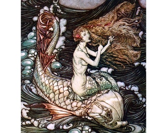 Mermaid Card - Sings as she Rides Dolphin - Arthur Rackham Artwork