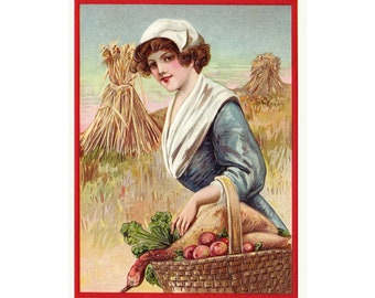 Thanksgiving Card - Pilgrim Girl w Food Basket - Repro Greeting Card