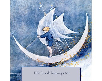 Childrens Bookplates - Acid-Free or Self-Stick - Little Boy Sails the Sea on the Moon - Repro Ida Rentoul Outhwaite