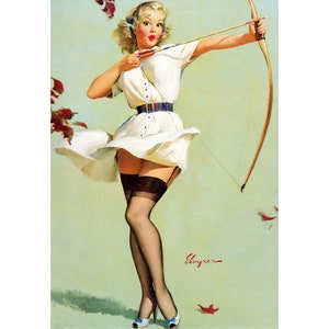 Pinup Girl w Bow and Arrow Archery Print - Repro Gil Elvgren