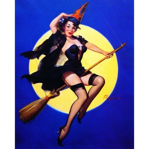 Halloween Witch Print - Pinup Girl Rides Broom Full Moon - Gil Elvgren