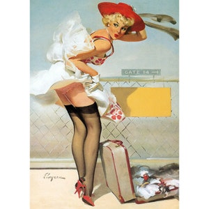 Sexy Refrigerator Magnet - Pinup Girl at Airport Wind Blows Skirt Suitcase Opens - Risque Fridge Magnets
