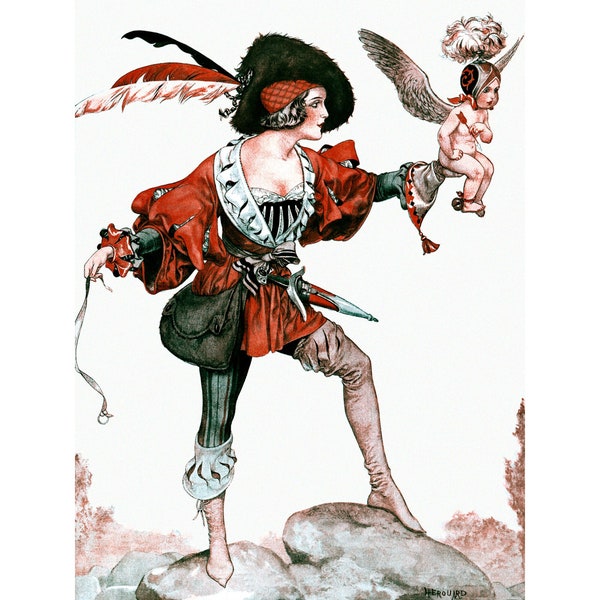 French Valentine Card - Girl Falconer w Cupid as Falcon Herouard