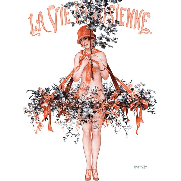 Spring Greeting Card - Risque Flower Girl from La Vie Parisienne - Repro Cheri Herouard