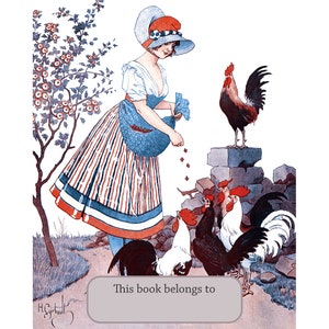 Chicken Bookplates - Self-Stick or Acid-Free - Woman Feeds Chickens Roosters - Repro La Vie Parisienne - Henri Gerbault