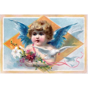 Easter Card - Cherub Angel with Flowers and White Dove - Holiday Home Decor - Blank Inside