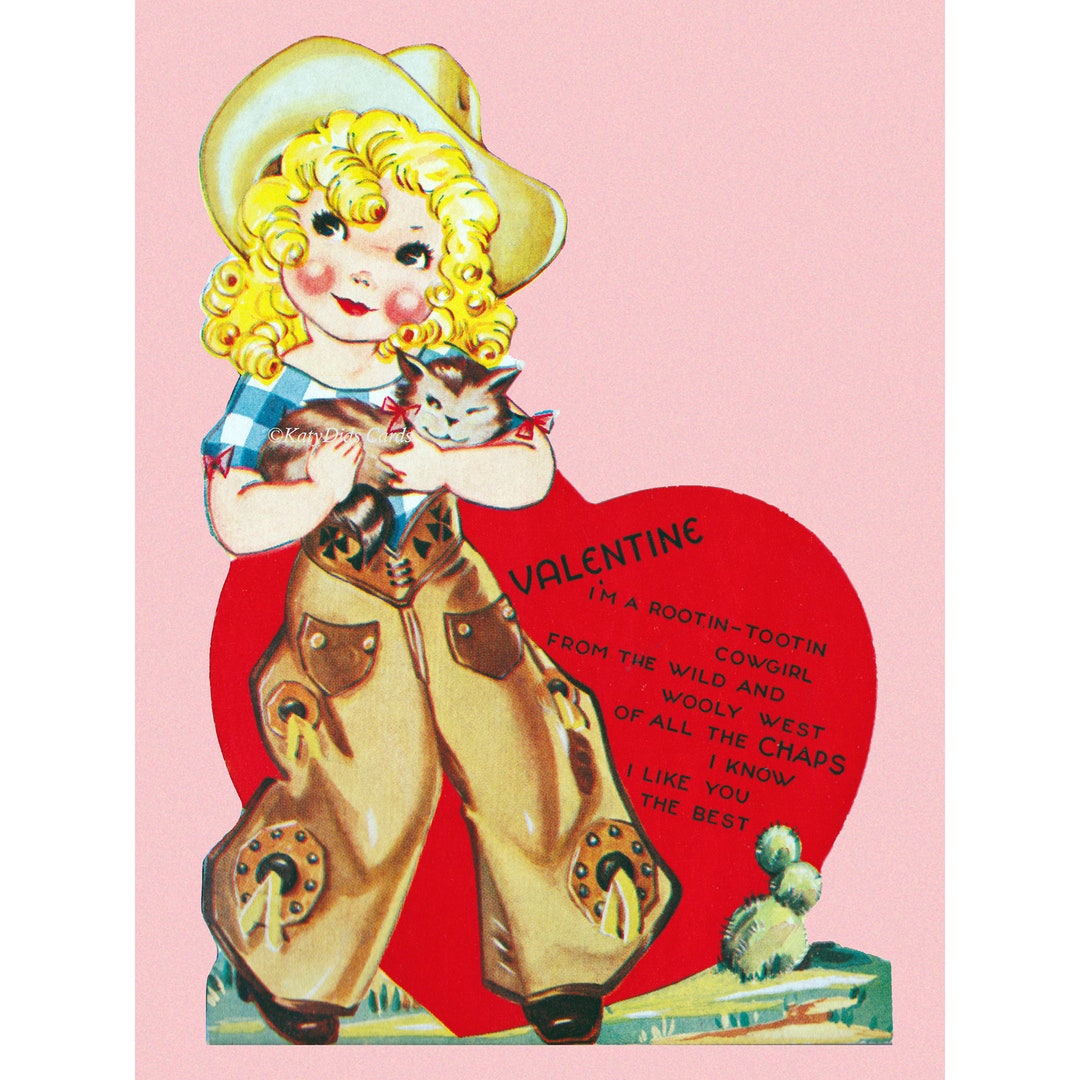 Valentines Day Card Western Cowgirl With Kitten Wears Chaps Cowboy Hat ...