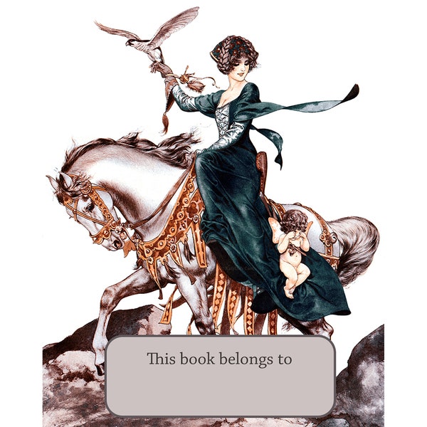 Horseback Rider Bookplates - Self-Stick or Acid-Free - Woman Falconer on Horse Catches Cupid - La Vie Parisienne - Repro Cheri Herouard