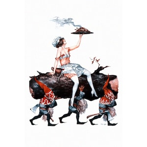 Christmas Magnet - Girl w Dwarves or Gnomes Carries Turkey - Tomte with Yule Log - Stocking Stuffer