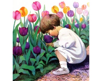 Toddler with Flowers Print - Child Sniffs Flowers - Repro Jessie Wilcox Smith