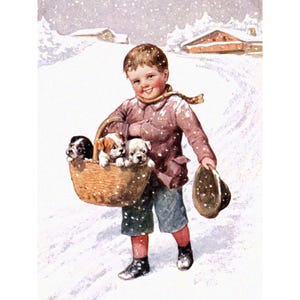 Christmas Card - Boy with Puppies Notecard - Holiday Decor