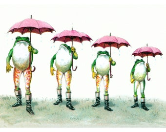 Frogs with Umbrellas and Boots Repro Greeting Card from Vintage Image