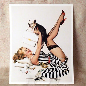 Boston Terrier Print Elvgren Pinup Girl Plays w Dog French Bulldog image 2