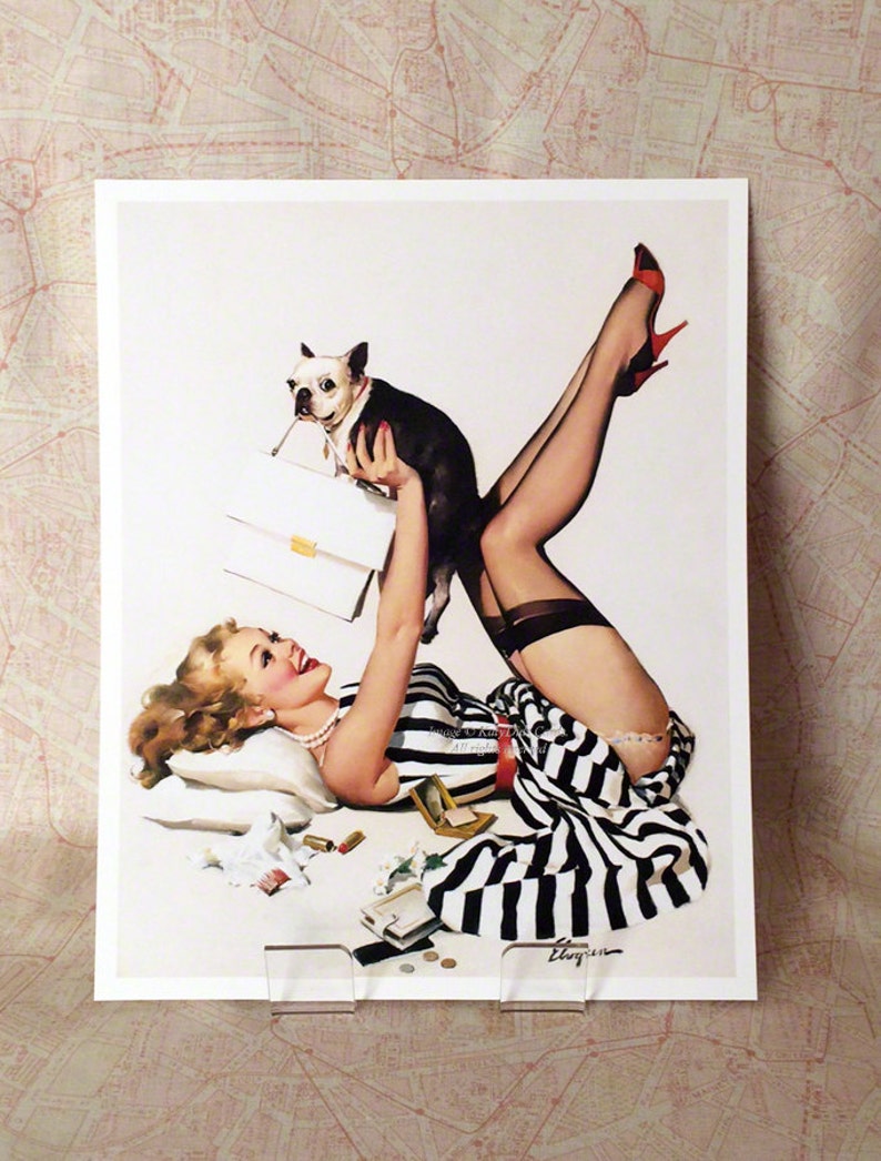 Boston Terrier Print Elvgren Pinup Girl Plays w Dog French Bulldog image 2