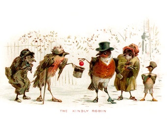 Christmas Birds Card - Kindly Robin Donates to Poorer Bird - Repro Victorian Notecard