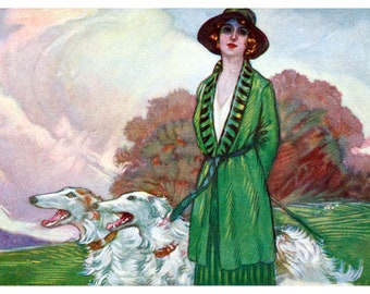 Woman with Dogs Greeting Card - Borzoi Russian Wolfhounds and Art Deco Lady