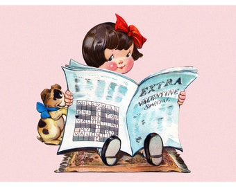 Valentines Day Card - Girl Reads Newspaper Valentine Notecard - Crossword Puzzle Caption