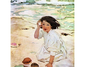 Beach Fridge Magnet - Girl with Seashell at the Beach - Repro Jessie Willcox Smith - Vintage Style Seashore