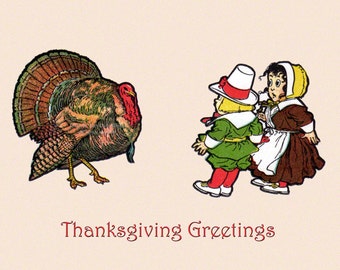 Thanksgiving Card - Pilgrim Kids Scared by Turkey - Vintage Style Repro Notecard with Sticker Option