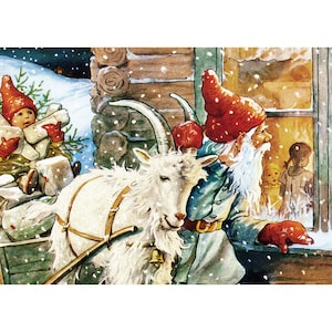 Christmas Fridge Magnet - Tomten with Pack Goat - Gnome Brings Presents - Jenny Nystrom