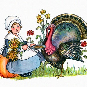 Thanksgiving Card - Pilgrim Girl Feeds Turkey - Holiday Decor