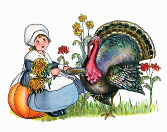 Thanksgiving Card - Pilgrim Girl Feeds Turkey - Vintage Style Greeting Card