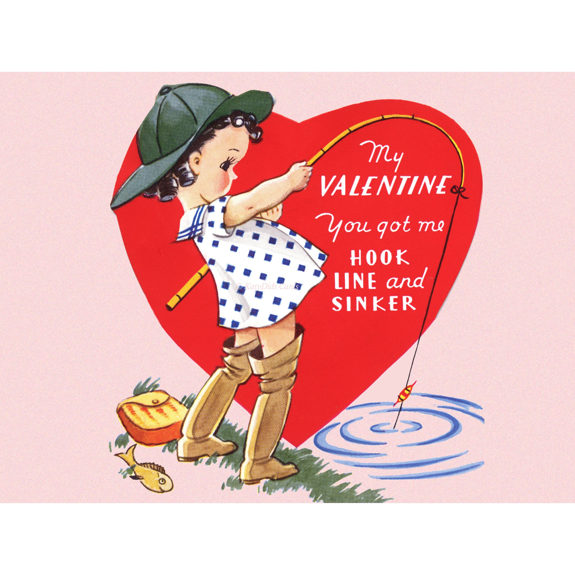 Valentines Day Card Girl in Waders Fishes Hook Line and Sinker Fishing  Holiday Notecard 