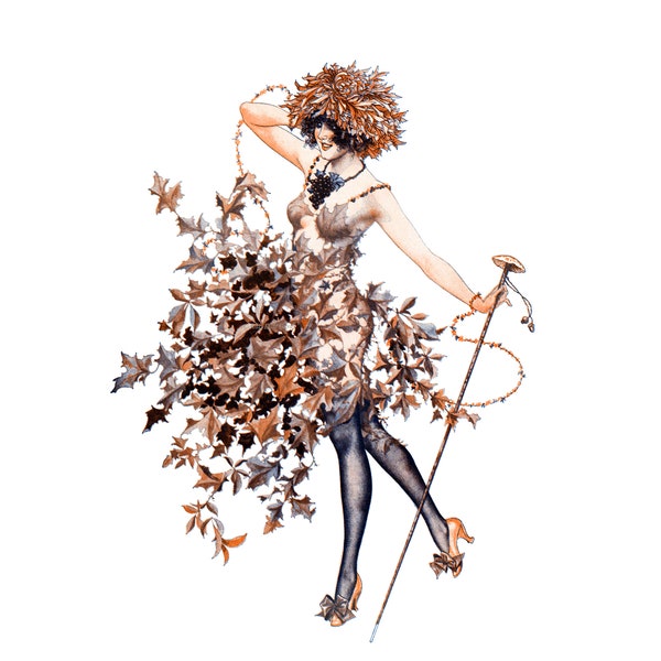 Fall Card - Woman Dressed in Risqué Leaf Costume - La Vie Parisienne Cheri Herouard Artwork