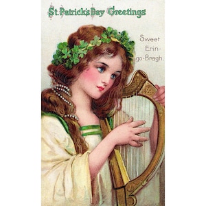 St Patricks Day Greeting Card - Irish Girl with Harp - Holiday Decor