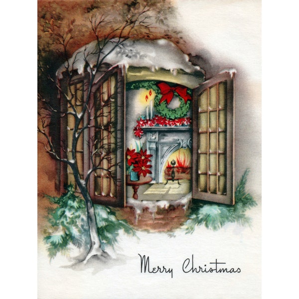 Warm Christmas Wishes Card, Cozy Fire on the Hearth, Retro Holiday Notecard