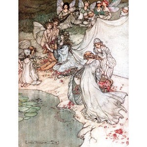 Fairy Print - Faerie Queen Titania from Midsummer Night&#39;s Dream with a Changeling Child - Arthur Rackham