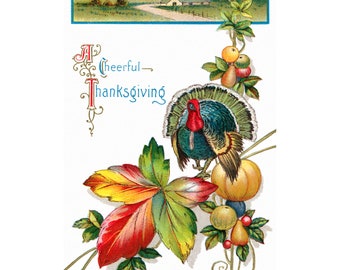 Thanksgiving Card - Tom Turkey Maple Leaf Pumpkin Fruit - Vintage Style Notecard